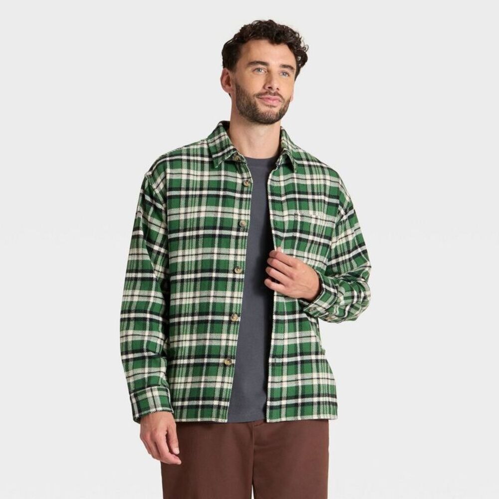 Men's Vintage Heavy Weight Flannel Long Sleeve Shirt - Green Plaid L